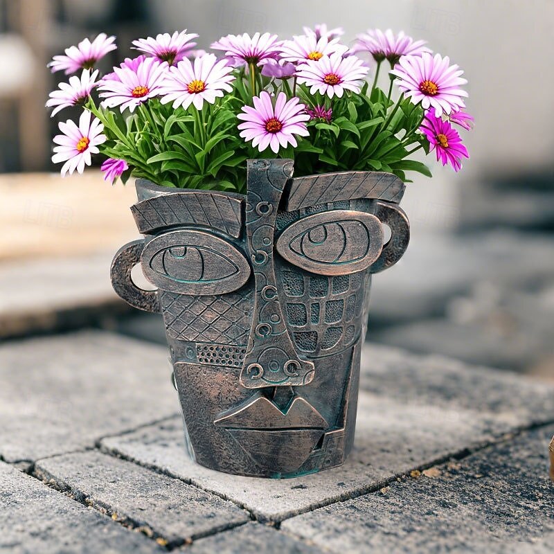 Brutalist Abstract Beauty Face Flower Pot, Bronze Resin Planter, Artistic Human Face Sculpture for Home Garden Patio Decor3