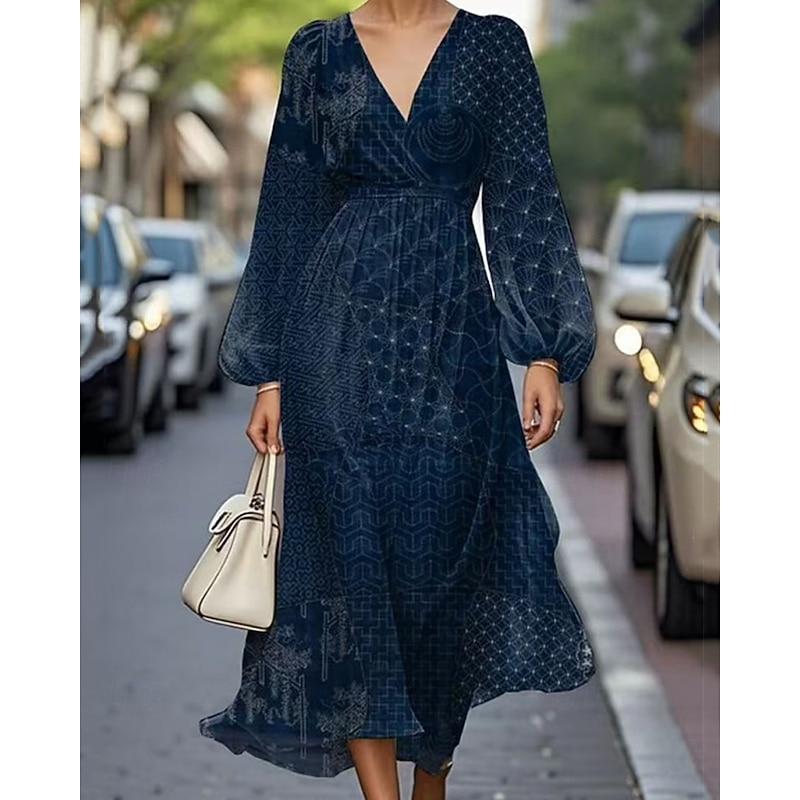 Women's Midi Dress Vintage Dress Casual Dress Elegant Fashion Outdoor Party Holiday Regular Fit Ombre Long Sleeve V Neck Navy Blue Brown Khaki Summer Spring2