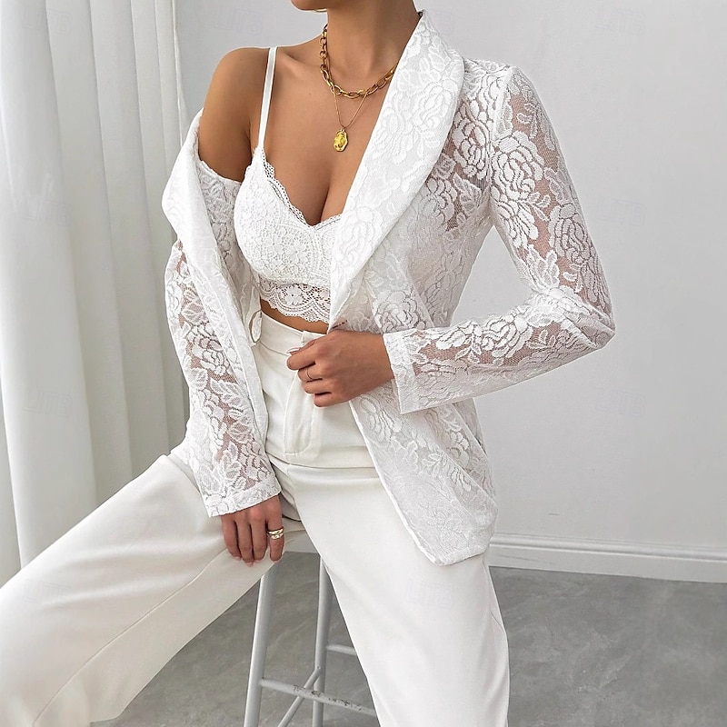 Women's Blazer Breathable Comfortable Patchwork Embroidered Fashion Casual Plain Office Street Casual Daily Wear Open Front Regular Turndown Regular Fit Long Sleeve Outerwear White Summer3