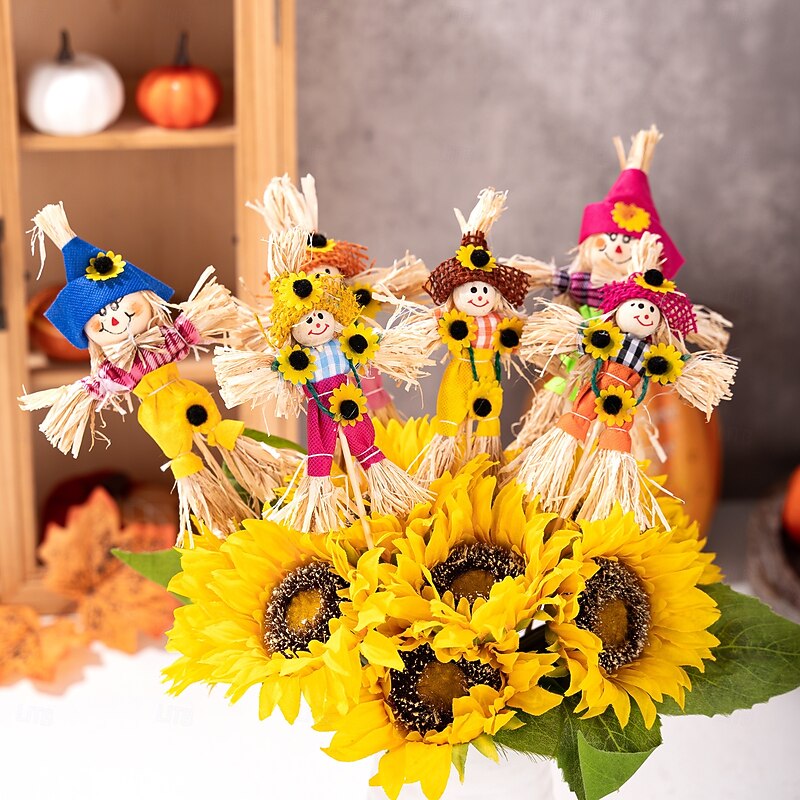 6pcs Fall Thanksgiving Wooden Scarecrow Picks Set, Harvest Season Stick Decorations for Floral Bouquets, Table Centerpieces, Rustic Farmhouse Display