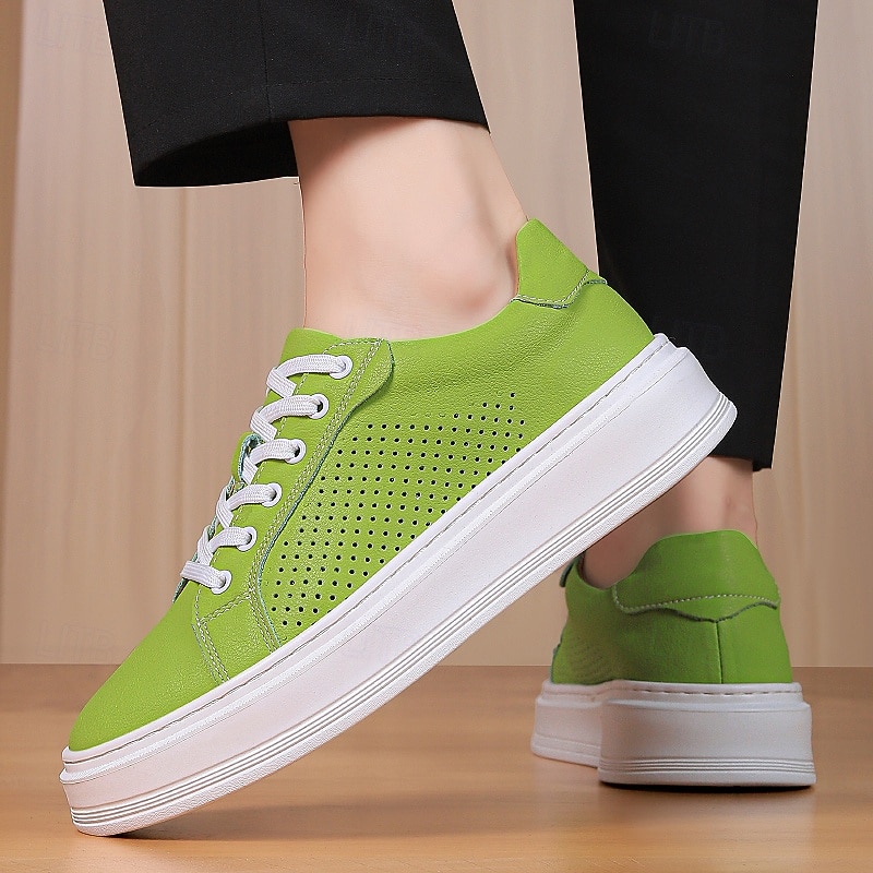 Men's Green Faux Leather Low-Top Sneakers, Stylish Perforated Design with Lace-Up Closure, Great for Street Style, Urban Casual and Spring Outfits2