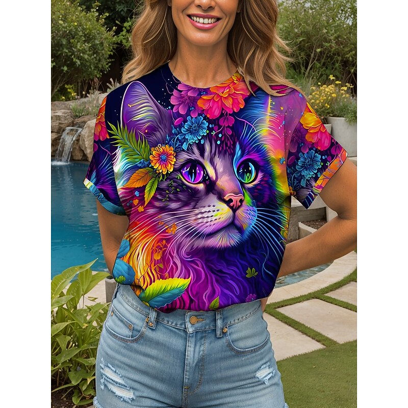 Women's T Shirt Floral Graphic Animal Vintage Stylish Classic Short Sleeve Crew Neck Round Neck Regular Tops Daily Weekend Print Yellow Red Blue Purple Green Summer Spring