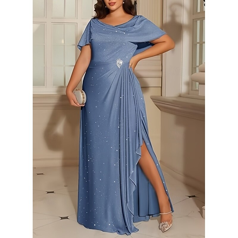 A-Line Wedding Guest Dresses Elegant Dress Wedding Guest Engagement Floor Length Short Sleeve Crew Neck Lurex Fabric with Pleats Crystals