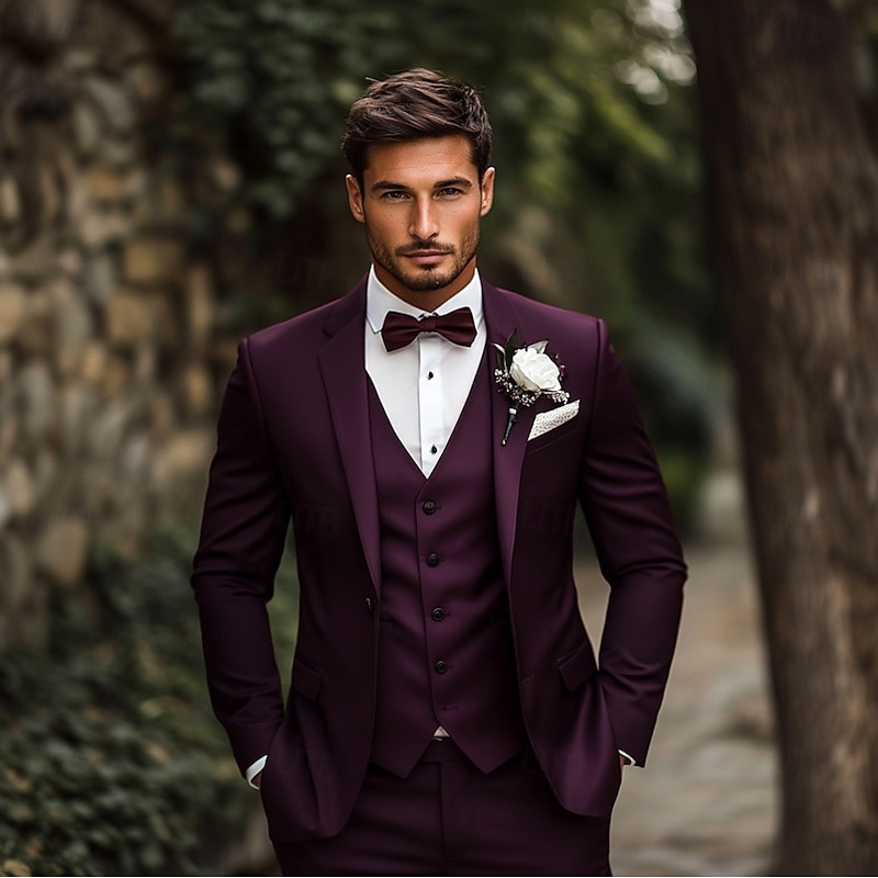 Men's Wedding Party Suits Burgundy Grape Purple Fashion Formal Solid Colored Standard Fit 3 Piece Single Breasted One-button2