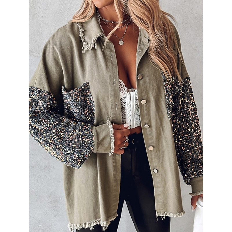 Women's Shirt Jacket Casual Jacket Breathable Comfortable Pocket Sequin Casual Plain Vacation Street Casual Daily Wear Single Breasted Regular Lapel Regular Fit Long Sleeve Outerwear Light Blue White2