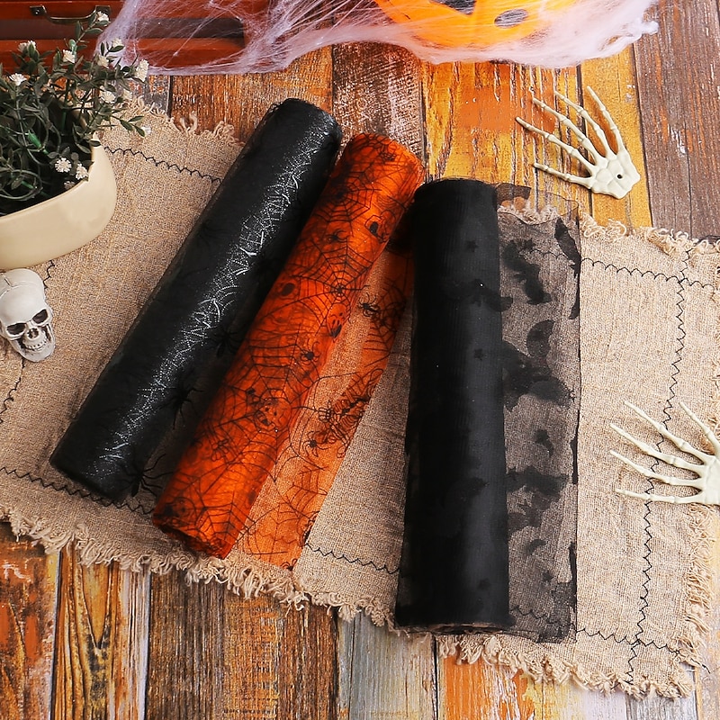 Halloween Mesh Table Runner, Bat and Spider Web  Party Tablecloth Decoration, Spooky Ghost Festival Dining Mat, Halloween Party Table Decor3