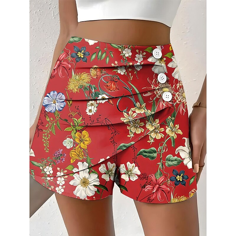 Women's Chinos Shorts Vacation Vintage Ethnic Style Short High Waist Floral Graphic Pleated Micro-elastic Formal Vacation Street White Yellow Pink Red Summer Spring Regular Fit3