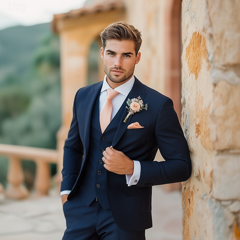 Men's Wedding Party Suits Notch Lapel Navy Blue Fashion Formal Solid Colored Standard Fit 3 Piece Single Breasted One-button2