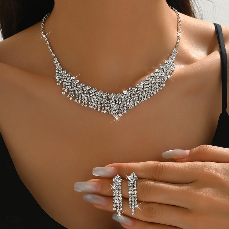 Bridal Jewelry Sets Two-piece Suit Imitation Diamond 1 Necklace Earrings Women's Elegant Stylish Sweet Lovely Tassel Fringe Love Precious Jewelry Set For Wedding Gift2
