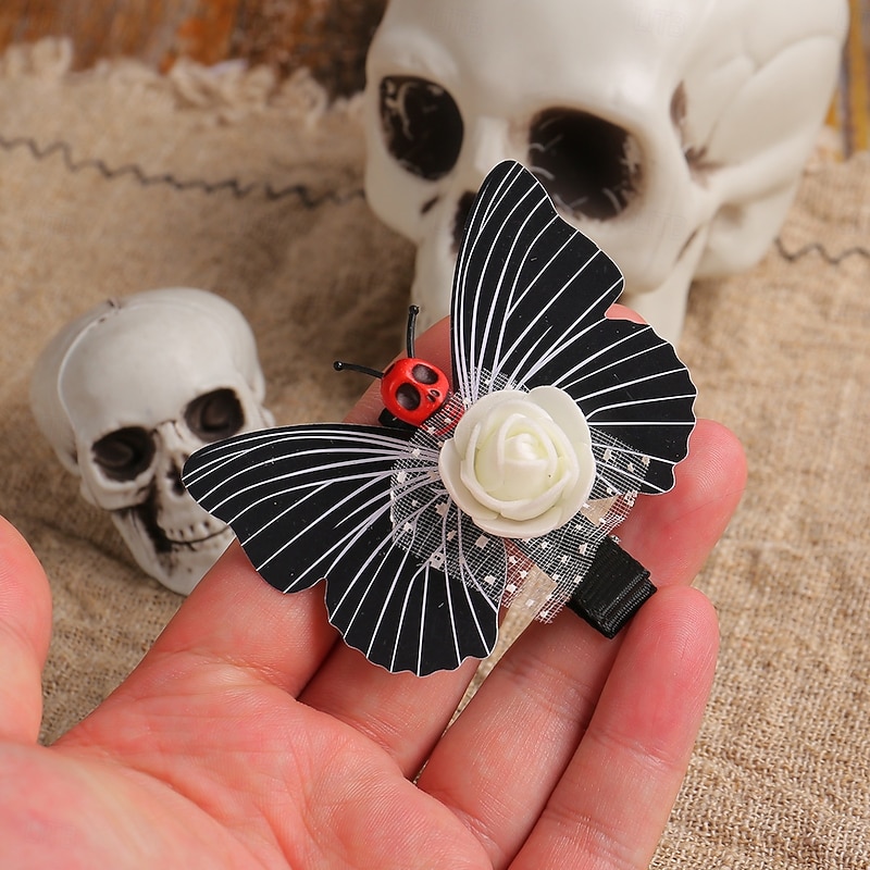 Halloween Skull Butterfly Hair Clip, Funny Spooky Side Alligator Clip Hair Accessory for Party, Cosplay, Costume, Trick or Treat3