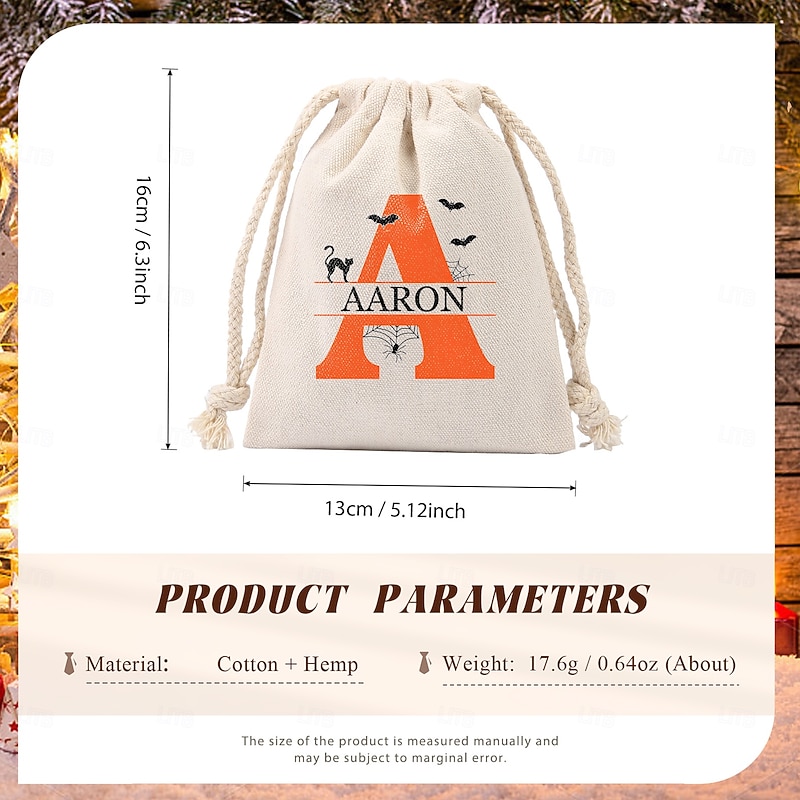 Personalized Halloween Treat Bag for Kids Custom Initial & Name Candy Tote Bag Basket for Trick or Treat, Durable Canvas Gift Sack for Candy & Small Toys3