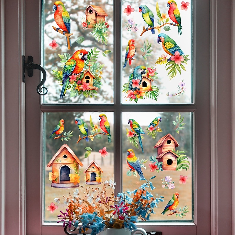 5 Sheets Cartoon Parrot Window Clings, Double-Sided Static Glass Stickers, Adhesive-Free Wall Decals for Storefront, Showcase, Home Decoration2
