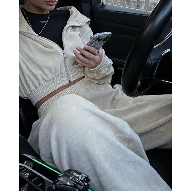 Women's Tracksuit Sweatpants Wide Leg Pants Zipper Pocket Solid Colored Clothing Suit Fall Black Pink Gym Athleisure Running Thermal Warm Windproof Long Sleeve Sport Activewear Stretchy Regular Fit3