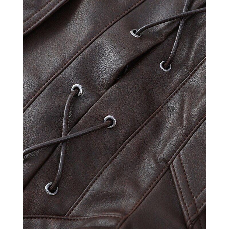 Women's Faux Leather Jacket Warm Comfortable Lace up Pocket Fashion Outdoor Plain Street Casual Daily Regular Turndown Regular Fit Long Sleeve Outerwear Black Brown Fall Winter4
