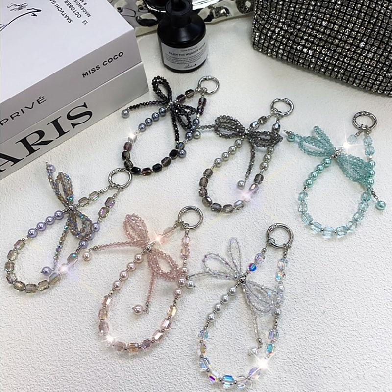 New fashionable crystal pearl mobile phone chain with high-end feel three-dimensional crystal pearl bow key hanging chain mobile phone hanging chain wrist chain2