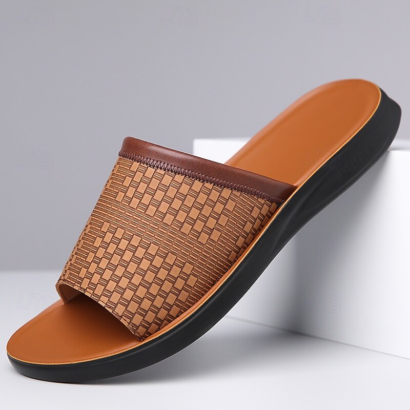 Men's Woven Style Faux Leather Slide Sandals Textured Upper Comfortable Slip-On Design Perfect for Relaxing Poolside and Vacation Wear