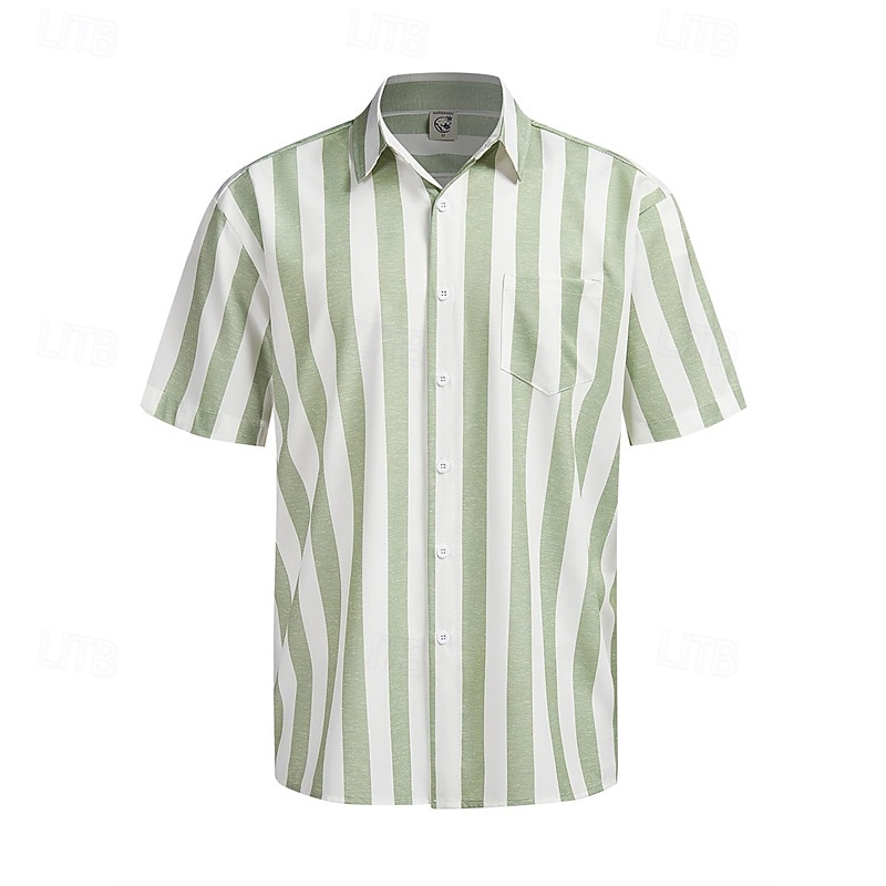 Men's Shirt Summer Shirt Casual Shirt Beach Shirt Button Up Shirt Light Green Blue Green Gray Short Sleeve Stripes Lapel Vacation Hawaiian Clothing Apparel Polyester Fashion Casual Comfortable3