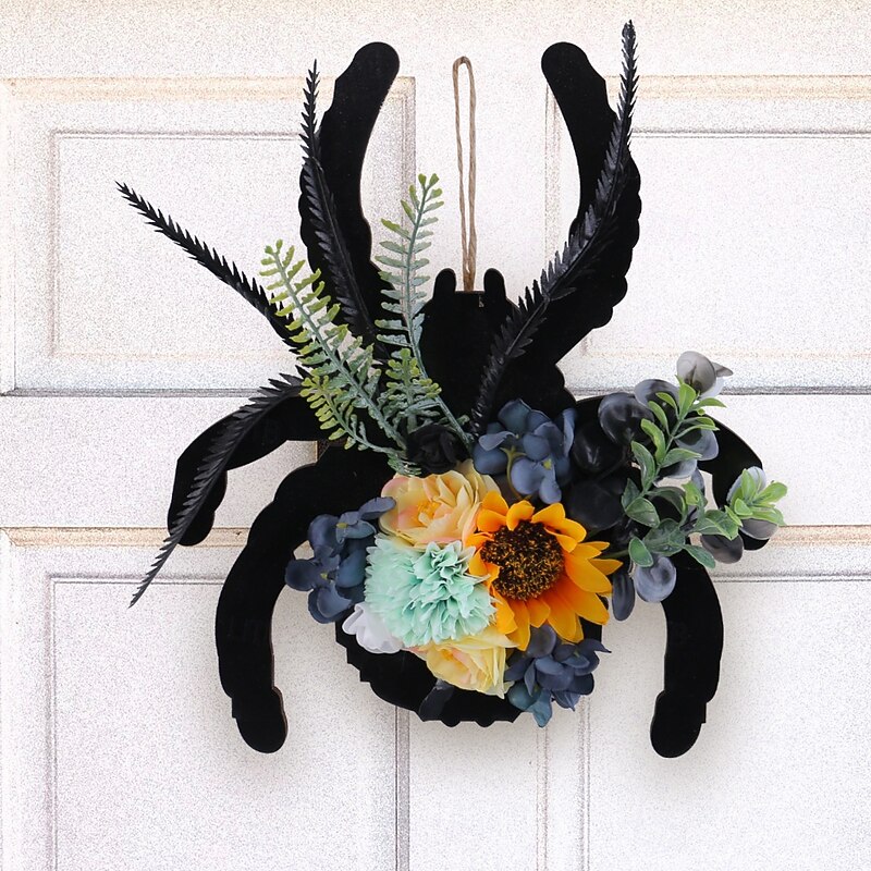Halloween Spider Door Sign Wooden Wreath Wall Hanging, Faux Floral Vine Ring Door Hanger for Front Porch, Window or Party Decoration