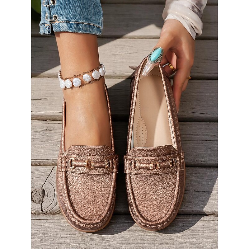 Women's Metallic Faux Leather Moccasin Loafers with Gold Horsebit Detail, Slip-On Comfort Flats for Driving, Work and Casual Outings2