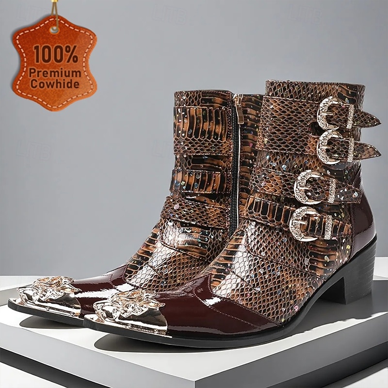 Men's Brown Crocodile-Pattern Leather Ankle Boots with Gold Tip Buckle Straps–Trendy Western-Inspired Footwear for Casual and Outdoor Wear