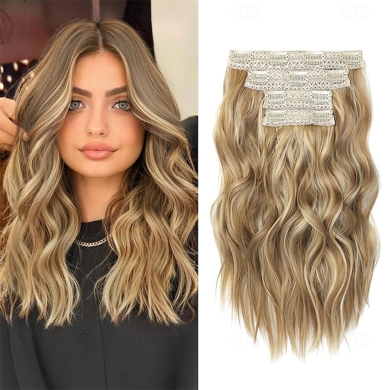 Hair Extensions 14 Short Clip in Hair Extensions 4PCS Synthetic Beach Wave Blonde Natural Soft Hairpiece for Women - Dark Golden Blonde with Highlights