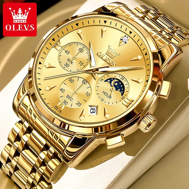 OLEVS 3639 Top Brand Original Quartz Watch Multifunctional Chronograph Watch For Men Waterproof Luminous Moon Phase Watch