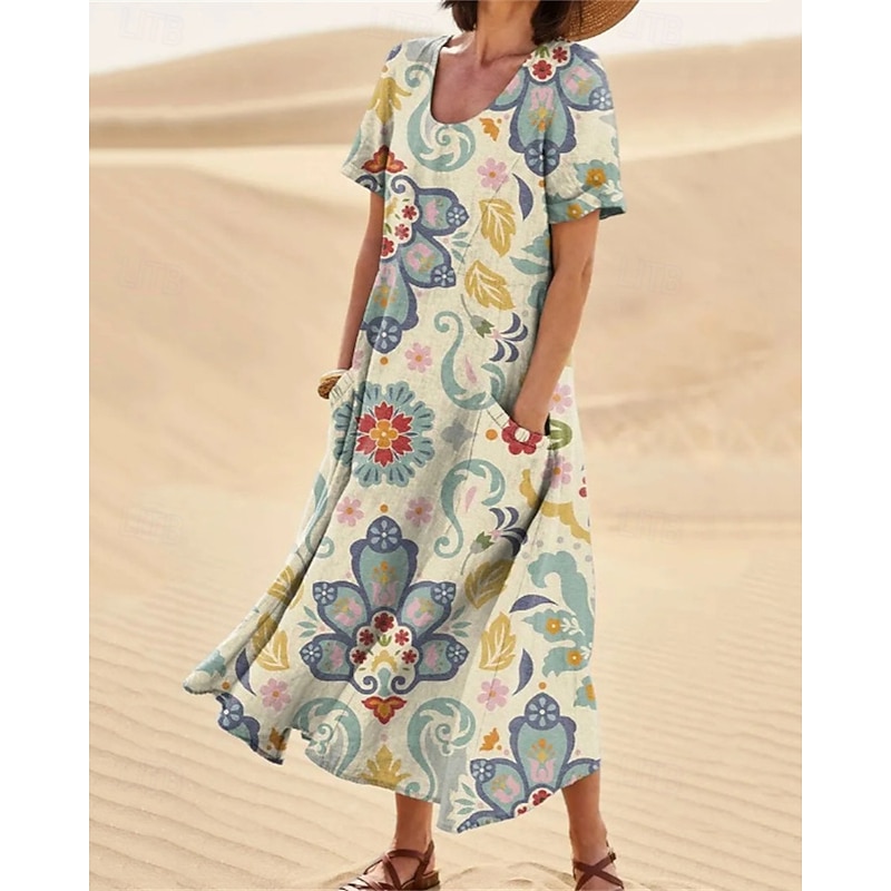 Women's Long Dress Maxi Dress Casual Dress Swing Dress Summer Dress Elegant Fashion Romantic Outdoor Party Holiday Regular Fit Flower Short Sleeve Crew Neck Pink Blue Light Purple Summer2