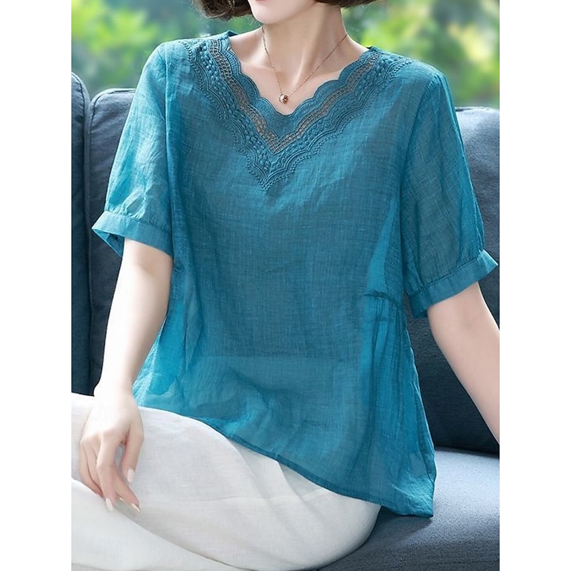 Women's Cotton Linen Shirts Solid Color Elegant Stylish Basic Short Sleeve V Neck Regular Tops Daily Embroidered Blue Summer Spring