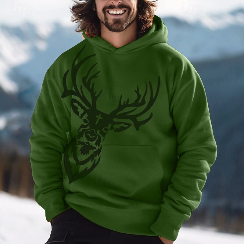 Men's Deer Hoodie Sweatshirt Long Sleeve Sweatshirts Oktoberfest Vintage Retro Festival Autumn-Winter Red Brown Green Clothing Apparel Designer Graphic Print Normal S M L Sizes Available3