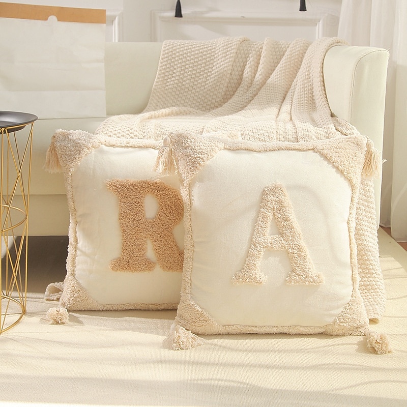 Monogram Pillow Covers with Tassels Modern Cotton Canvas Tufted Alphabet Throw Pillow Covers for Sofa Couch Bed 26 English Letters Decorative Pillow Case for Sofa Throw Pillows