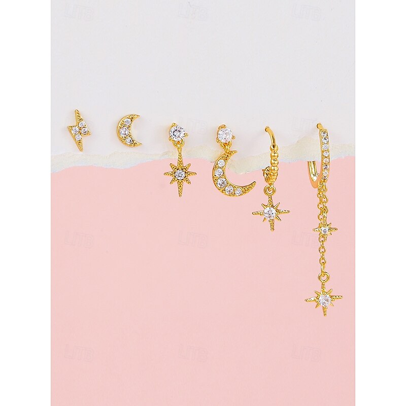 Women's Gold-Plated Star and Moon Mismatched Earring Set – Dainty Celestial Zircon Studs and Drop Earrings for Fashion Parties, Gifts and Everyday Wear