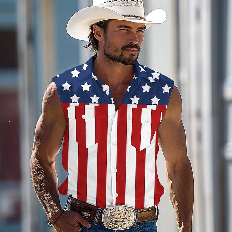 Independence Day Men's American US Flag Patriotic Fourth of July Shirt Western Shirt Cowboy Shirt Sleeveless Fashion Casual Holiday Summer Spring Turndown Front Two Pockets Button Up Shirts White Red