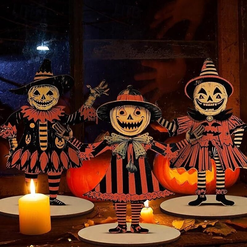 3pcs Halloween Table Decor Wooden Centerpiece Signs - Happy Halloween Trick or Treat Rustic Wood Party Decorations2
