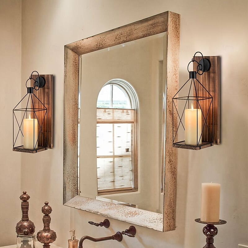 1pc Rustic Wooden Candle Wall Sconce 13.4 inch Metal Lantern Farmhouse Home Decor Brown Lacquered Finish Wall Mount Family Theme Versatile for Indoor & Outdoor Ideal for Christmas Halloween2