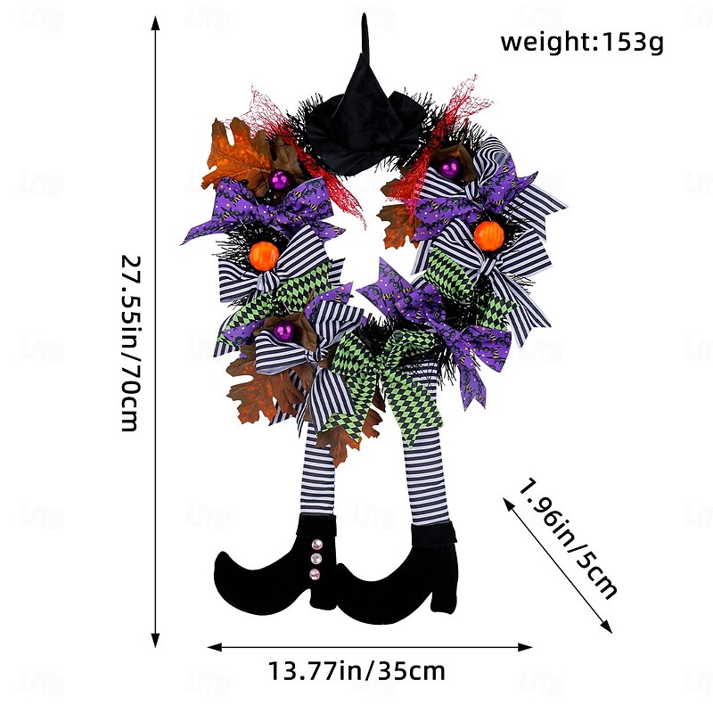 Halloween Wreaths for Front Door Indoor Outdoor Farmhouse Decoration, Witch Hat Long Leg Pumpkin Wreath Hanging Prop for Haunted House Spooky Decor3