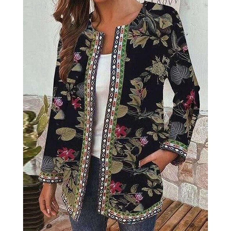 Women's Dressy Dusters Dressy Jackets Casual Jacket Street Going out Fall Winter Regular Coat Regular Fit Warm Comfortable Fashion Modern Jacket Long Sleeve Floral Pocket Black Pink Purple4