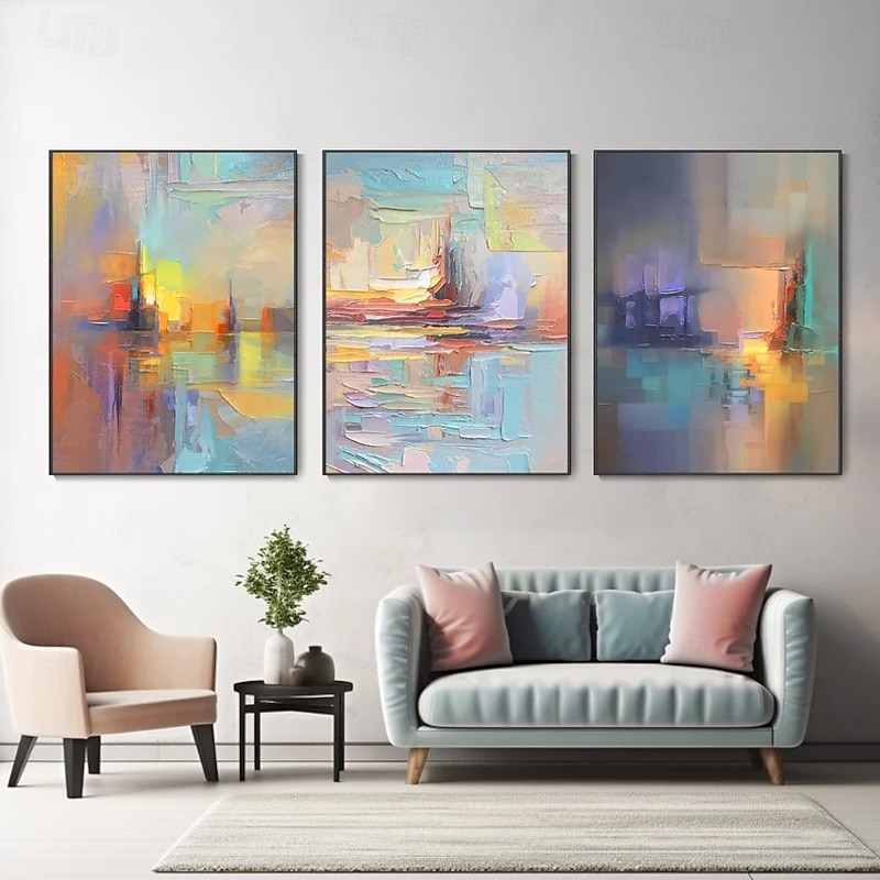 3-Piece Abstract Oil Painting Set, Handcrafted Modern Home Decor, Unique Palette Knife Technique Canvas Art, Living Room or Bedroom Wall Art