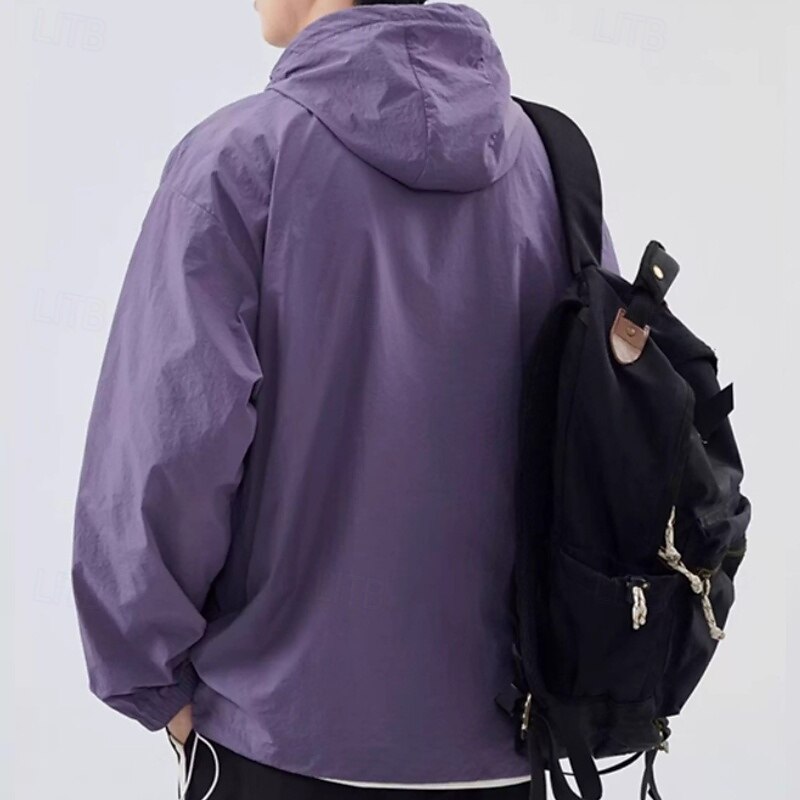 Men's Running Jacket Outdoor Jacket Full Zip Long Sleeve Outerwear Athletic Solid Colored Sun Protection Quick Dry Lightweight UV Cooling Tennis Golf Running Sportswear Activewear Black White Purple3