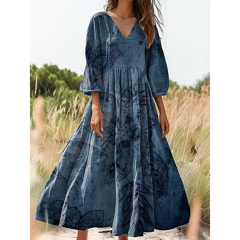 Women's Maxi Dress Sundress A Line Dress Pleated Dress Vacation Casual Boho Going out Loose Fit Floral Graphic 3/4 Length Sleeve V Neck Green Dark Blue2