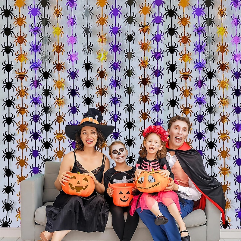 Halloween Foil Fringe Curtain Tinsel Curtain with Pumpkin Face, Bat and Skull, Spooky Hanging Backdrop for Scary Party Decorations and Photo Booth Props4