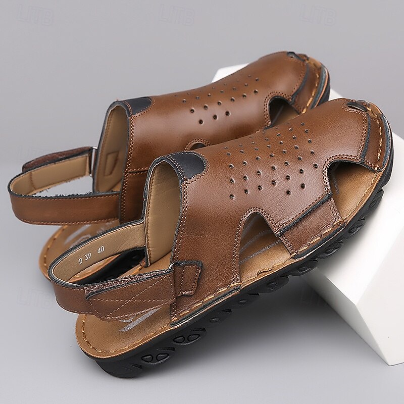 Men's Outdoor Sandals with Faux Leather Perforated Design and Hook and Loop Strap Durable Sole for Hiking Beach and Daily Activities3