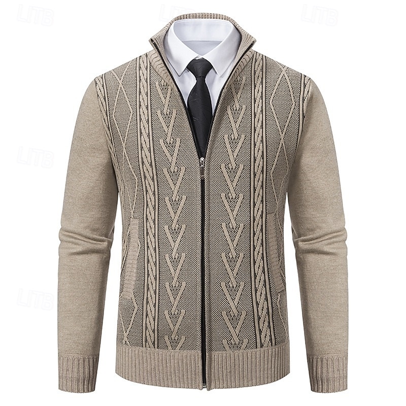 Men's Sweater Cardigan Sweater Ribbed Knit Regular Tops Knitted Geometric Standing Collar Modern Contemporary Smart Casual Casual Daily Wear Clothing Apparel Fall Winter Light Grey Dark Grey M L XL2