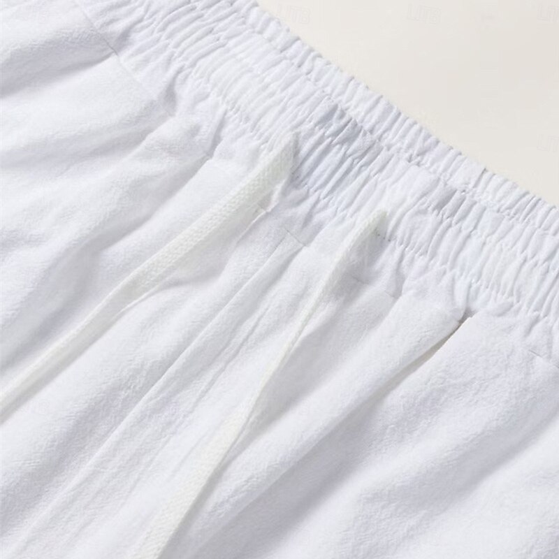 Men's Shorts Linen Shorts Summer Shorts Beach Shorts Pocket Drawstring Elastic Waist Plain Comfort Breathable Knee Length Vacation Holiday Beach Vacation Hawaiian Black White3