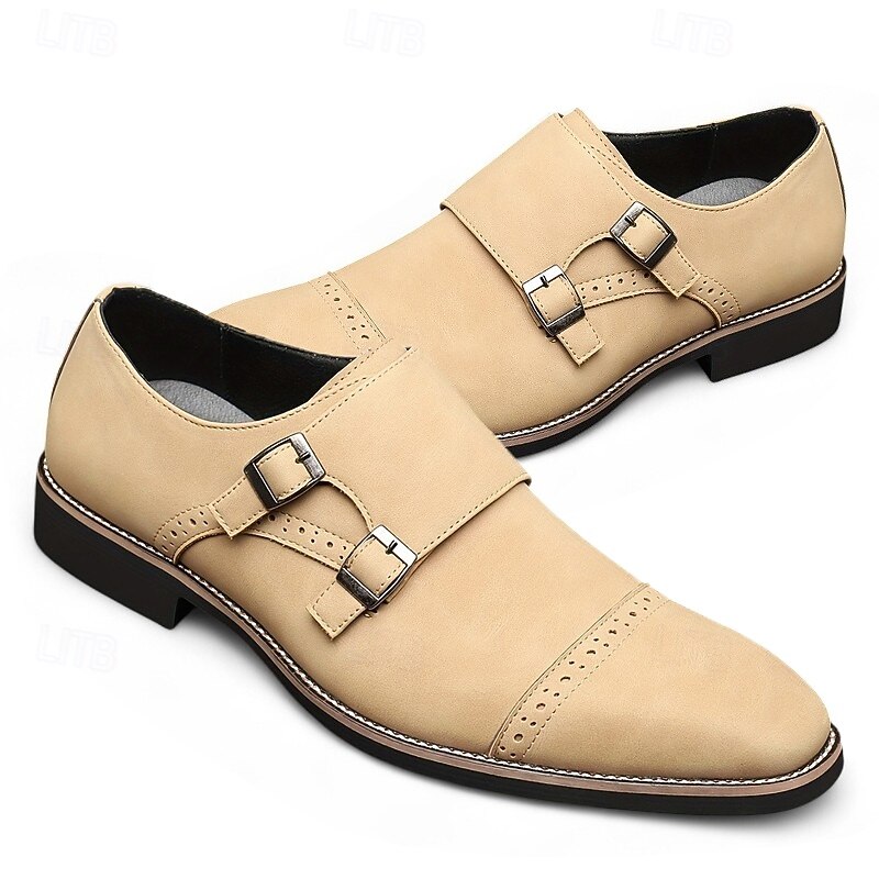 Men's Beige Faux Leather Monk Strap Shoes with Double Buckles – Elegant Formal Footwear for Weddings, Office & Special Occasions3