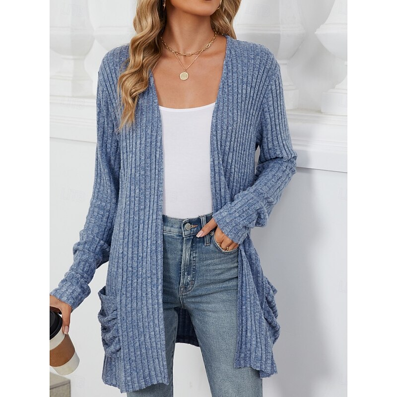 Women's Sweater Cardigan Elegant Fashion Streetwear Pure Color Open Front Pocket Knitted Long Sleeve Regular Tops Knit Outdoor Daily Weekend Pink Blue Fall Winter2