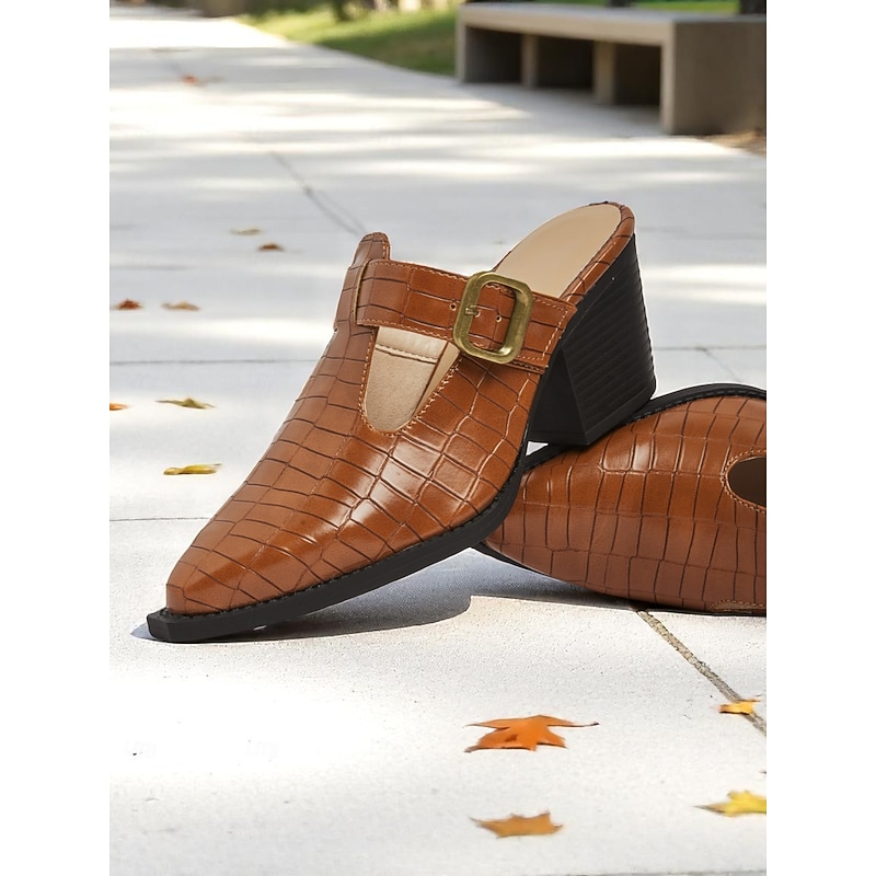Women's Croc-Embossed Block Heel Mules – Buckle Decor Slip-On Shoes with Cutout Design, Stylish Commuter Shoes for Office, Work and Daily Wear4