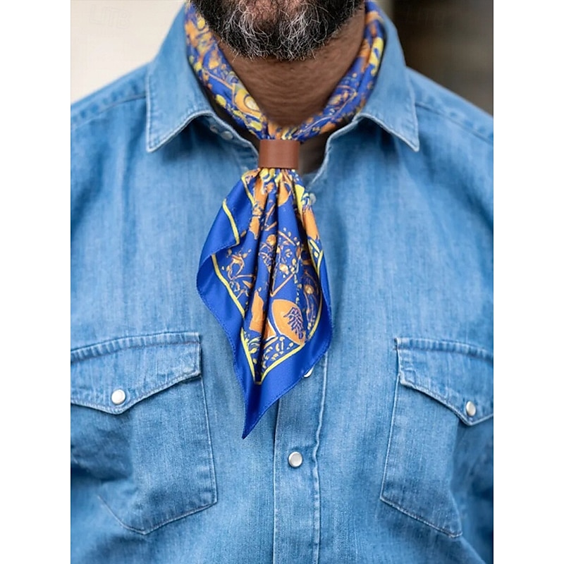 Men's Paisley Print Square Neck Scarf with Leather Buckle, Vintage Style Polyester Bandana for Outdoor Travel, Parties and Daily Fashion4