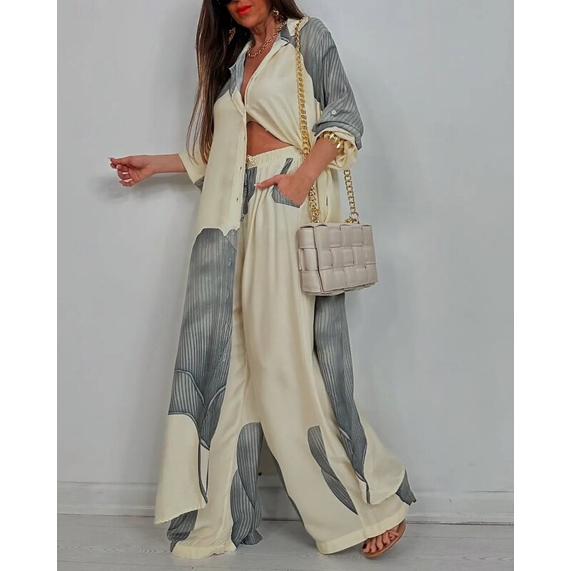 Women's Elegant Bohemia Vacation Shirt Pants Sets Long Sleeve Shirt Collar Graphic Patchwork Outdoor Vacation Party claret Navy Blue Summer Loose Fit2