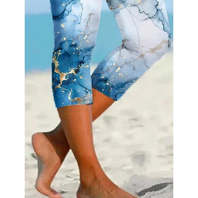 Women's Leggings Vacation Vintage Ethnic Style Calf-Length High Waist Graphic 3D Print Abstract Soft Comfortable Breathable High Elasticity Casual Daily Holiday Robin's Egg Blue Pea-Green White3