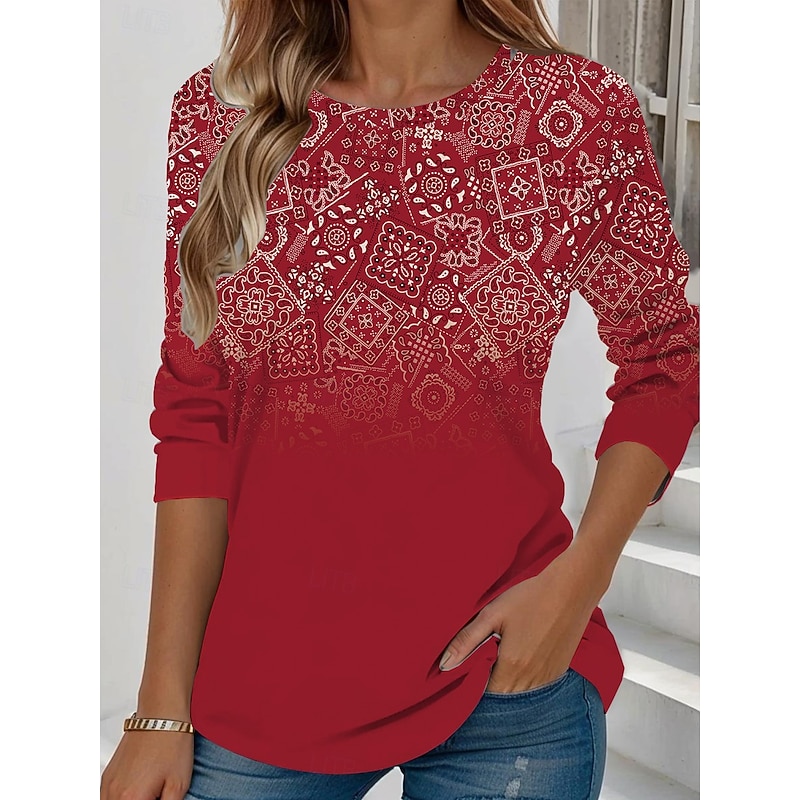 Women's T shirt Crew Neck Long Sleeve Tunic Floral Graphic Plants Vintage Stylish Classic  Regular Tops Daily Weekend Print Red Royal Blue Blue Dusty Blue Orange Fall3